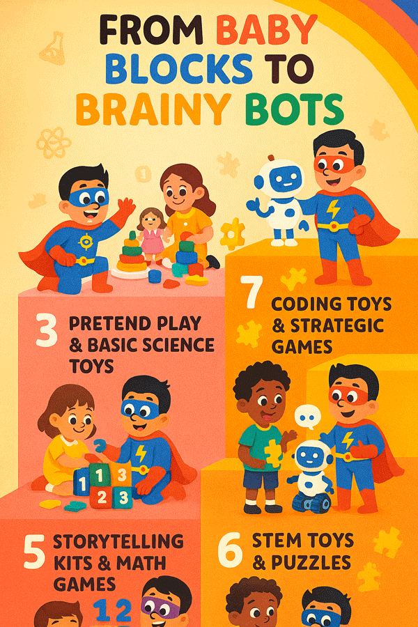 From Baby Blocks to Brainy Bots” showing toy progression by age (0–10)
