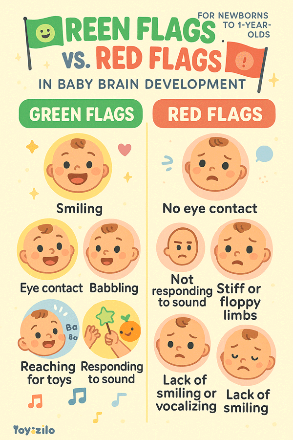 Baby brain development red flags” checklist with cartoon baby expressions and actions 