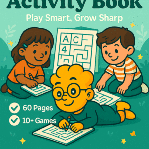 Games Activity Book – Printable brain development puzzles and activity sheets for kids featuring tic tac toe, word search, mazes, and logic games