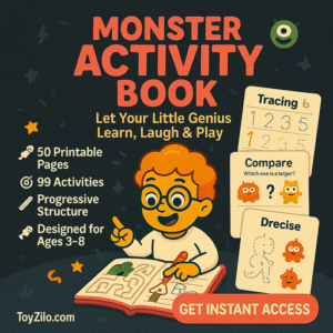 Kids Monster Activity Book – Printable digital monster activity workbook for kids with puzzles, tracing, coloring & brain-boosting activities